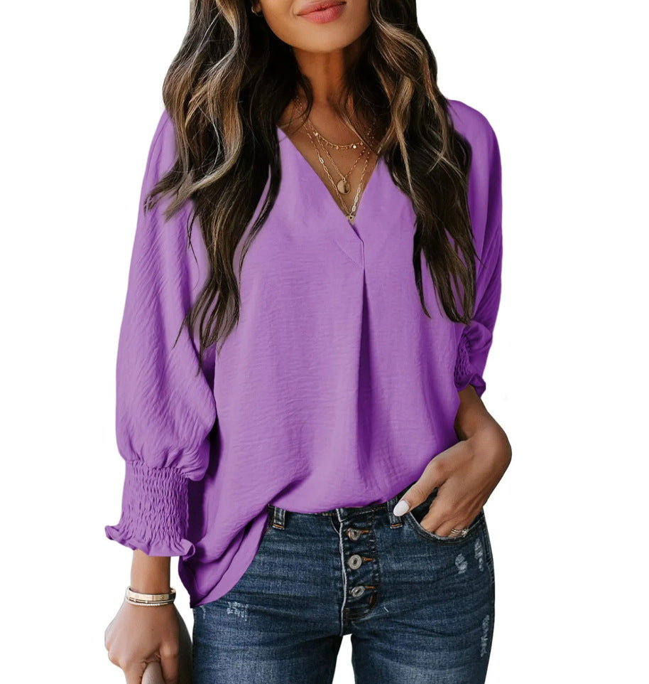 Women's Tight Loose Top V Neck Casual Loose Cropped Sleeve Shirt