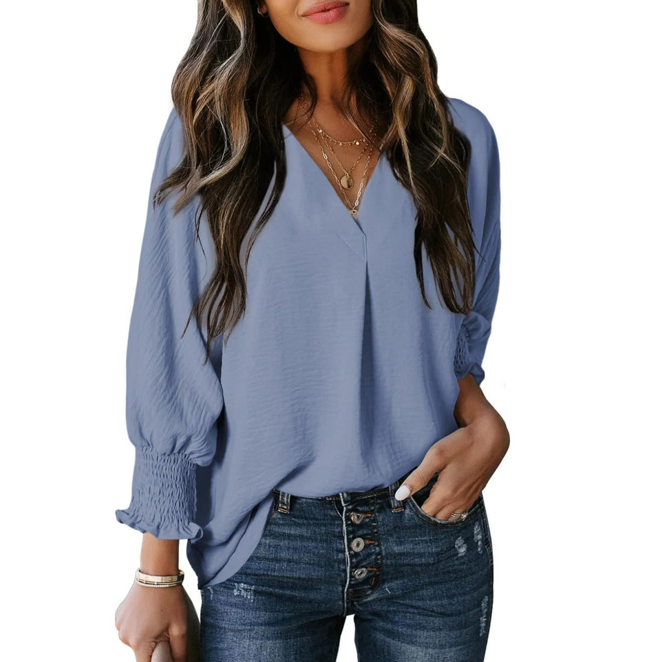 Women's Tight Loose Top V Neck Casual Loose Cropped Sleeve Shirt