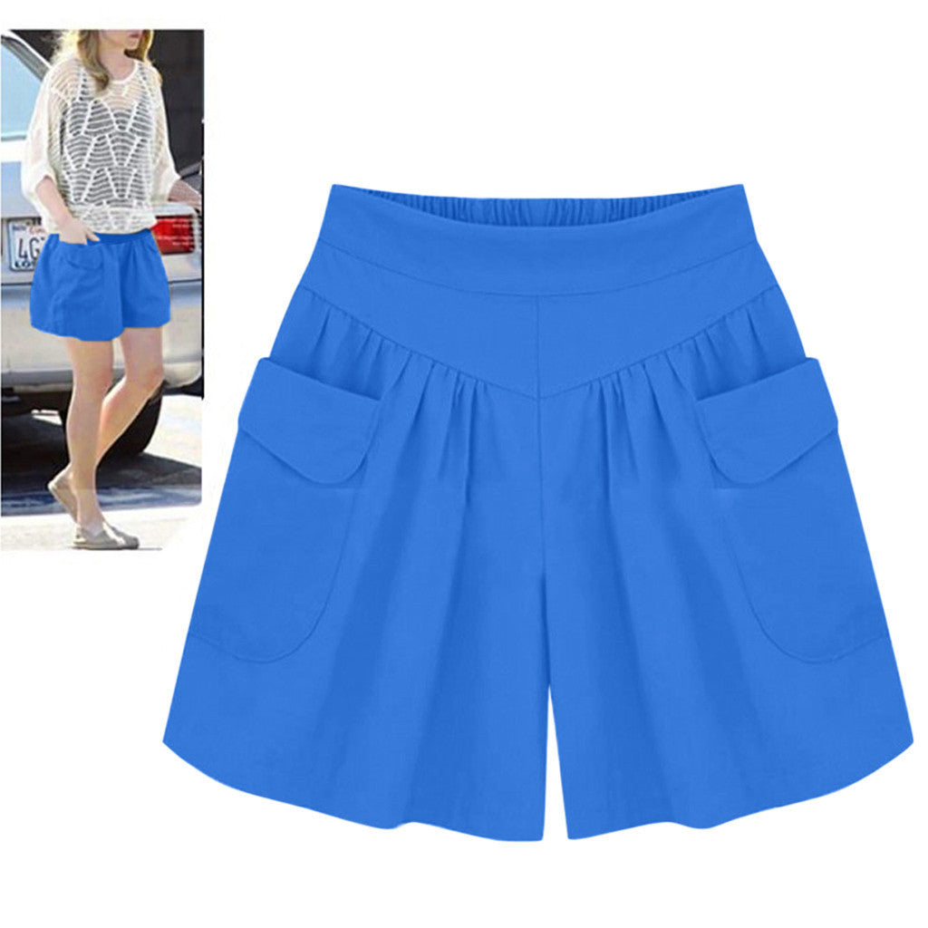 Women Summer Loose Casual Shorts Culottes Elastic Waist Wide Shorts with Pockets