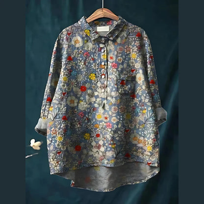 Women'S Tops V-Neck Printed Exquisite Linen Shirt