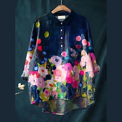 Women'S Tops V-Neck Printed Exquisite Linen Shirt