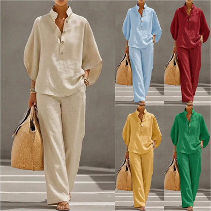Women’s Batwing Sleeve Linen Cotton Two-Piece Set – Casual Shirt & Wide Leg Pants Outfit