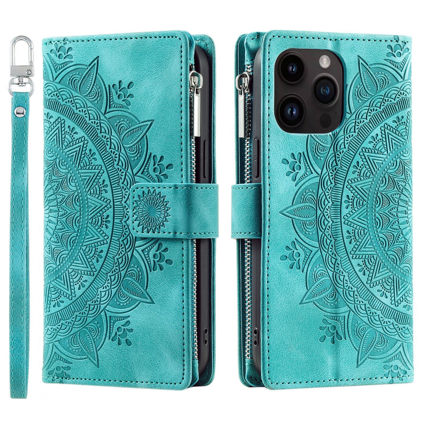 Luxury Leather Embossed Card Slots Zipper Wallet Case for iPhone