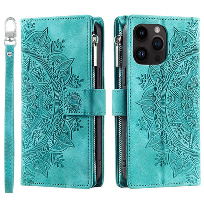 Luxury Leather Embossed Card Slots Zipper Wallet Case for iPhone
