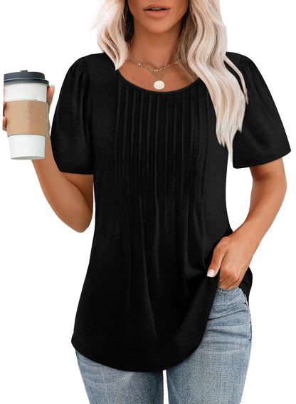 Hot Sale-Women's Short Sleeve Pleated Dressy Casual Scooped Neck Tops