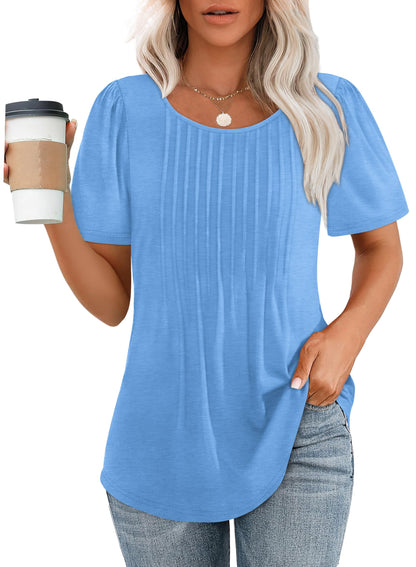 Hot Sale-Women's Short Sleeve Pleated Dressy Casual Scooped Neck Tops