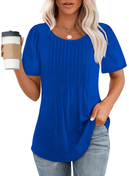 Hot Sale-Women's Short Sleeve Pleated Dressy Casual Scooped Neck Tops