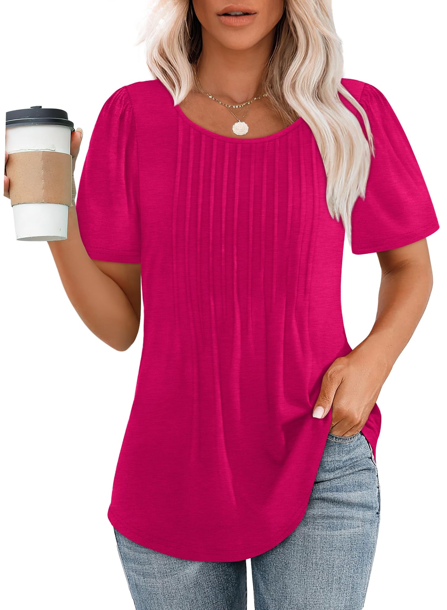Hot Sale-Women's Short Sleeve Pleated Dressy Casual Scooped Neck Tops
