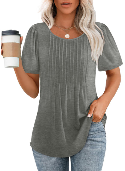 Hot Sale-Women's Short Sleeve Pleated Dressy Casual Scooped Neck Tops