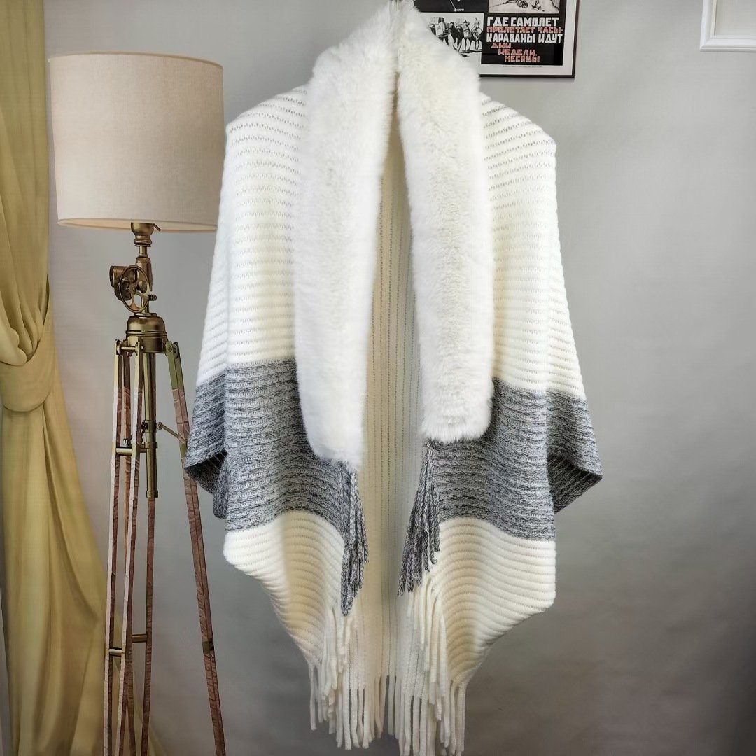 Winter Knit Fringe Fur Collar Shawl