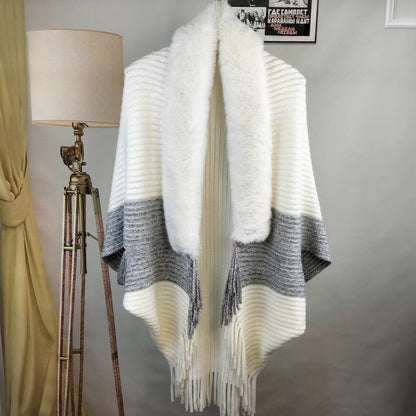 Winter Knit Fringe Fur Collar Shawl