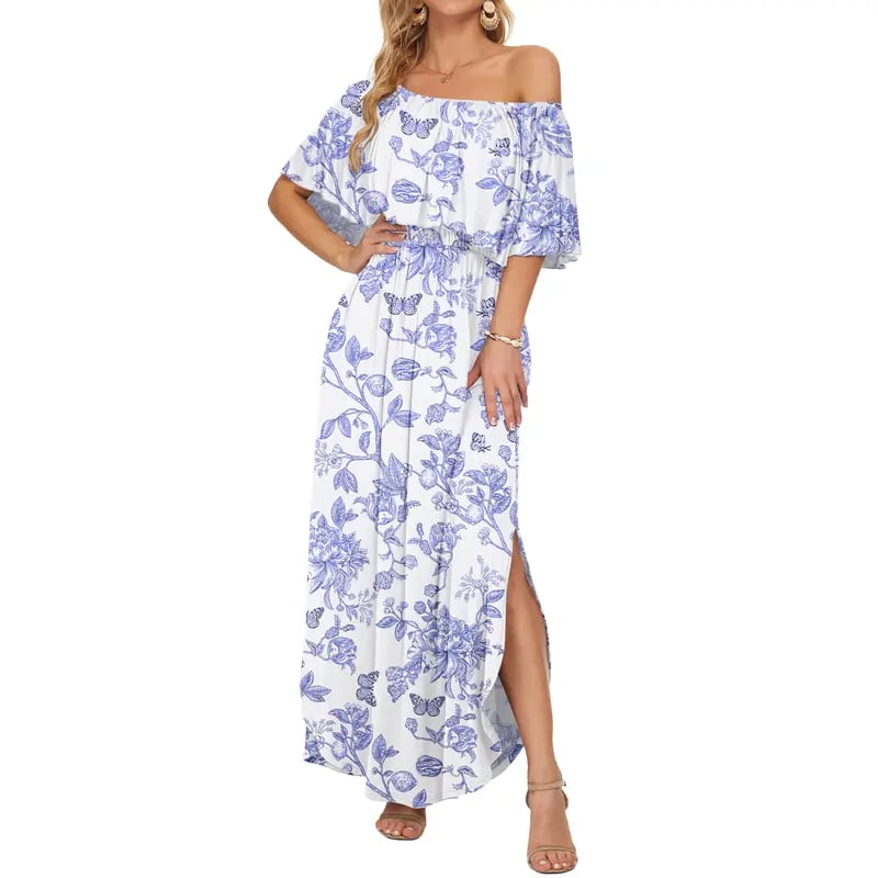 Women's Off The Shoulder Dress Wedding Guest Dress Summer Casual Long Ruffle Party Side Split Beach Maxi Dresses