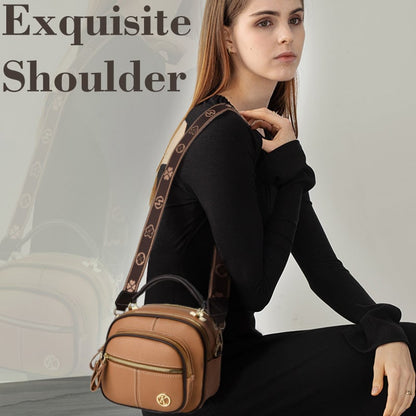 Classic Leather Crossbody Bag with Multifunctional Compartments & Adjustable Wide Strap