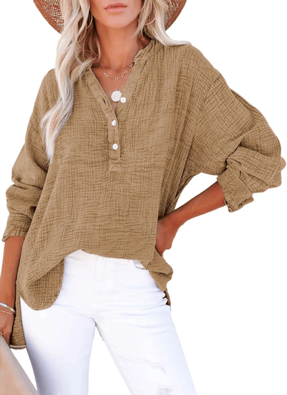 Womens Casual Gauze Button Neck Long Sleeve Oversized Blouses Tops