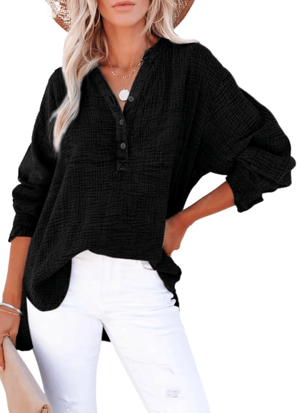 Womens Casual Gauze Button Neck Long Sleeve Oversized Blouses Tops