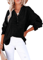 Womens Casual Gauze Button Neck Long Sleeve Oversized Blouses Tops