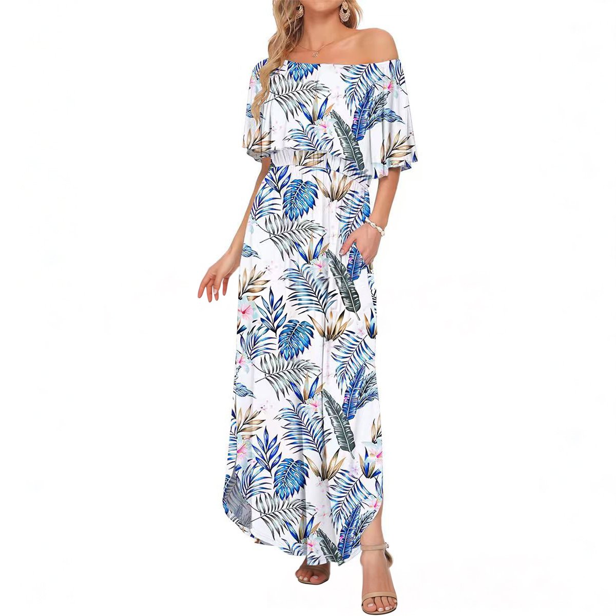 Women's Off The Shoulder Dress Wedding Guest Dress Summer Casual Long Ruffle Party Side Split Beach Maxi Dresses