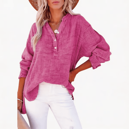 Womens Casual Gauze Button Neck Long Sleeve Oversized Blouses Tops