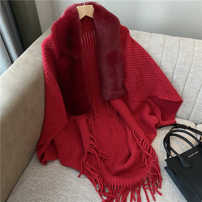 Winter Knit Fringe Fur Collar Shawl