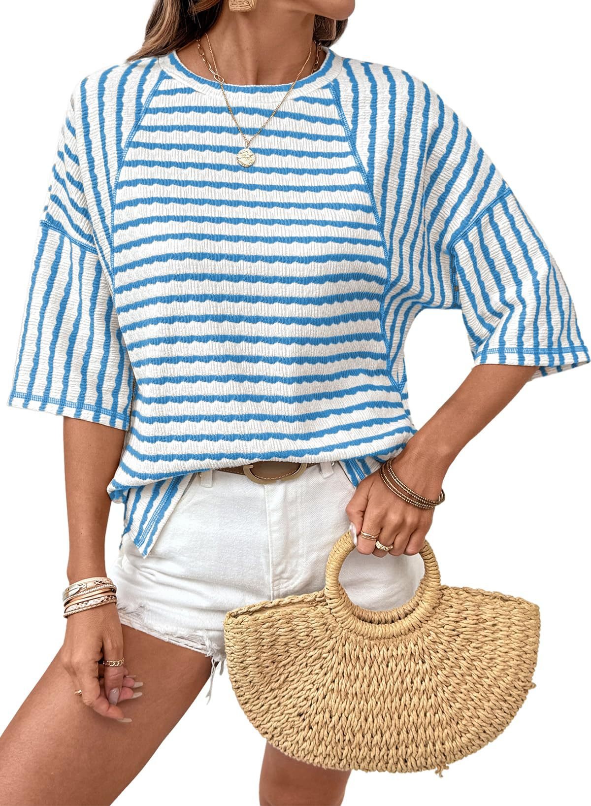Women's Oversized Striped Color Block Summer T-Shirt