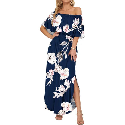 Women's Off The Shoulder Dress Wedding Guest Dress Summer Casual Long Ruffle Party Side Split Beach Maxi Dresses