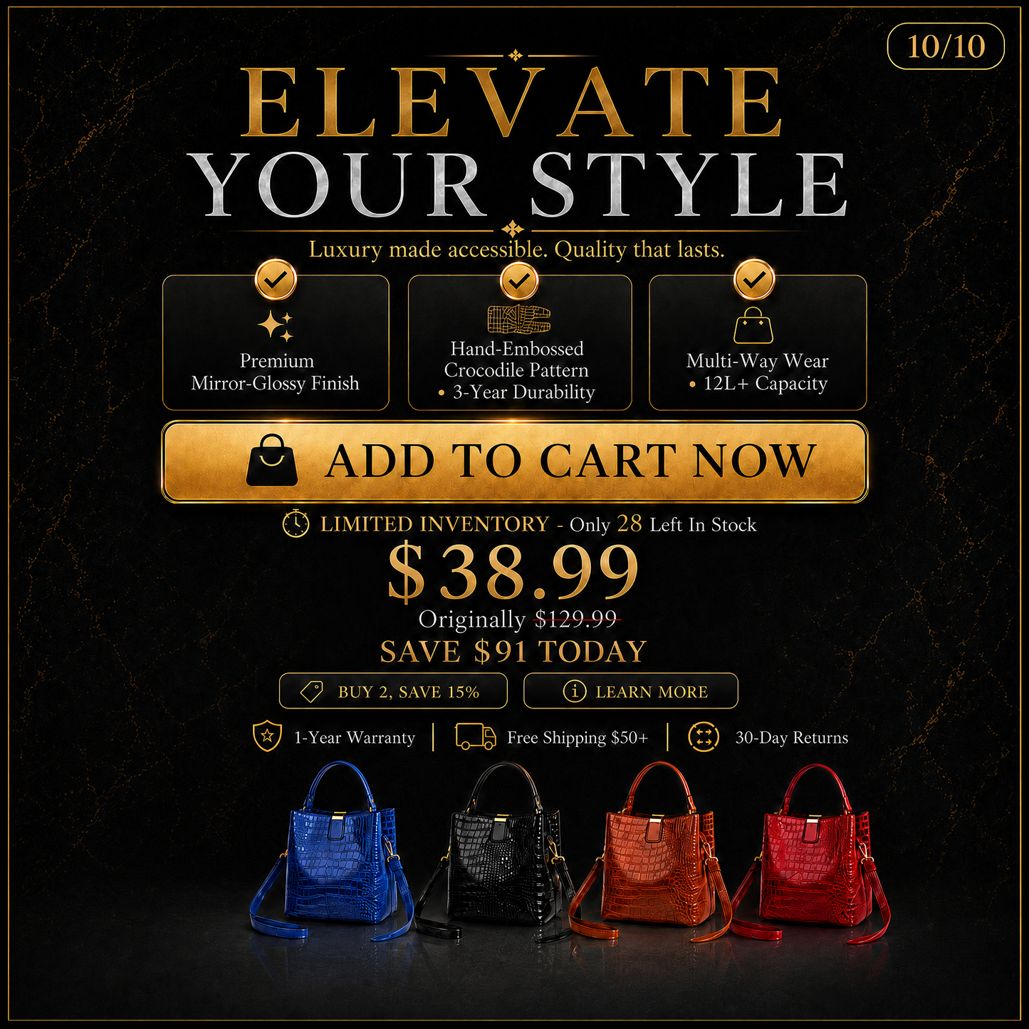 Limited-time 50% off🔥Shiny crocodile-print handbag with gold hardware