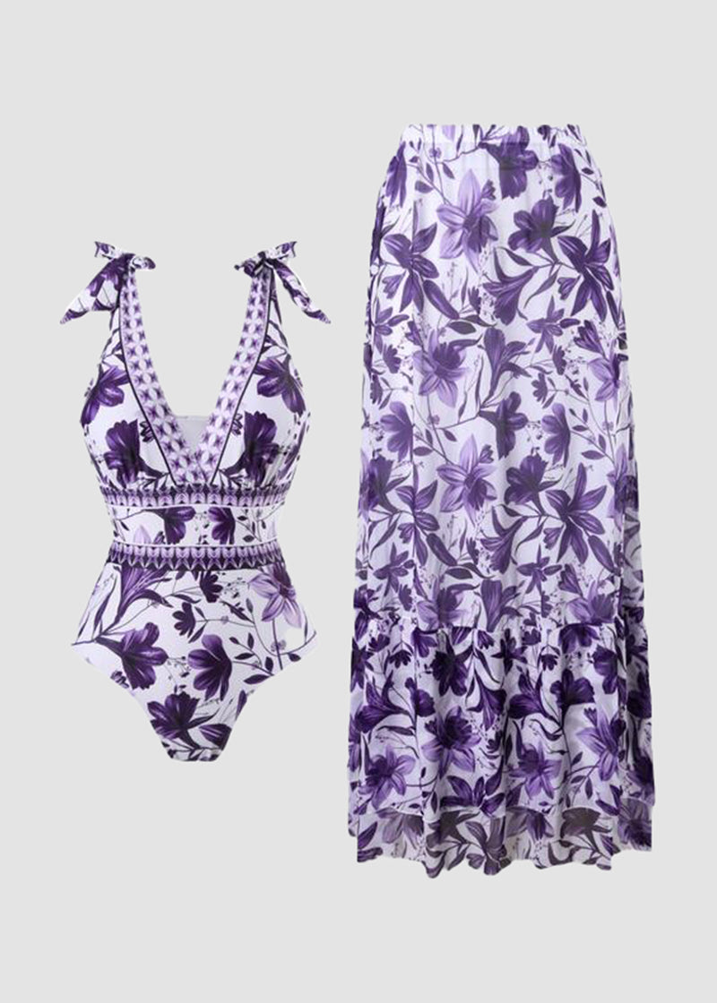 ✨Last Day 49% OFF✨V Neck Lace Up Printed One Piece Swimsuit and Skirt-Buy 2 Get Free Shipping Today