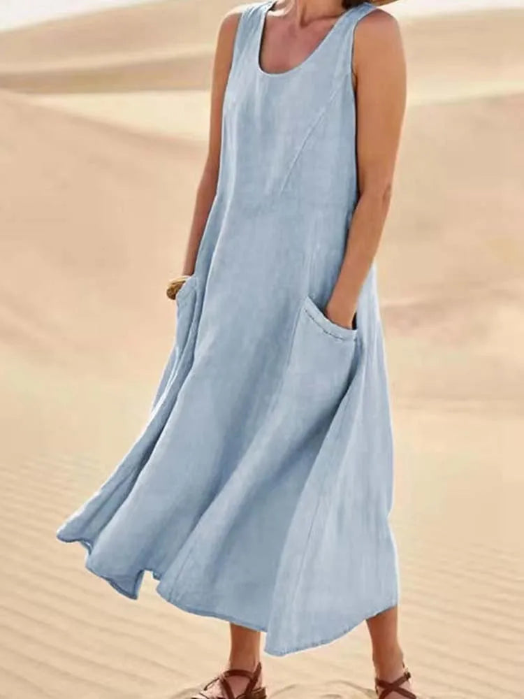 Last Day 49% OFF Women Cotton Linen Sundress Summer Sleeveless Loose Pocket Long Dress Buy 2 Get Free Shipping Today