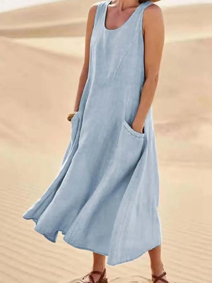 Last Day 49% OFF Women Cotton Linen Sundress Summer Sleeveless Loose Pocket Long Dress Buy 2 Get Free Shipping Today