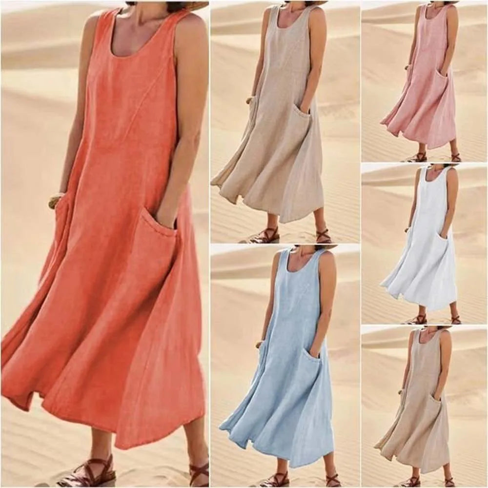 Last Day 49% OFF Women Cotton Linen Sundress Summer Sleeveless Loose Pocket Long Dress Buy 2 Get Free Shipping Today
