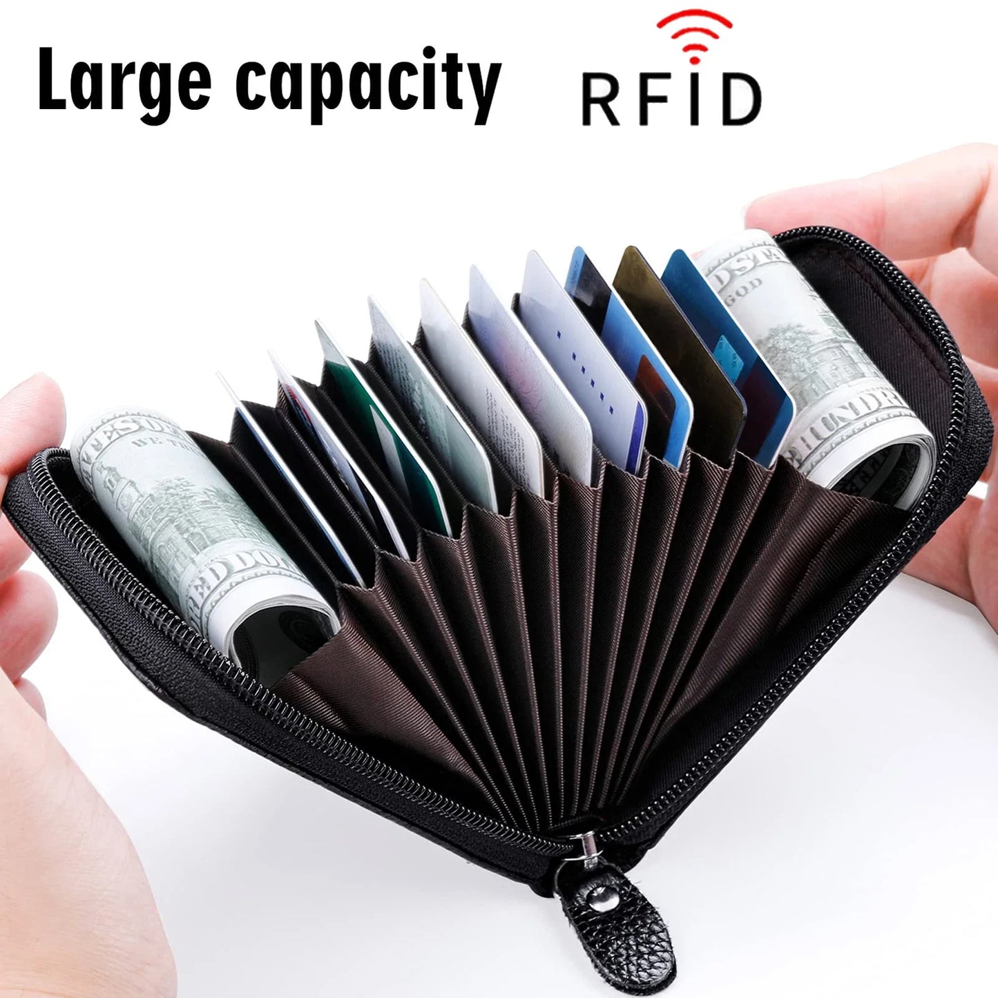 Unisex RFID Blocking Leather Wallet with Zipper & ID Card Holder