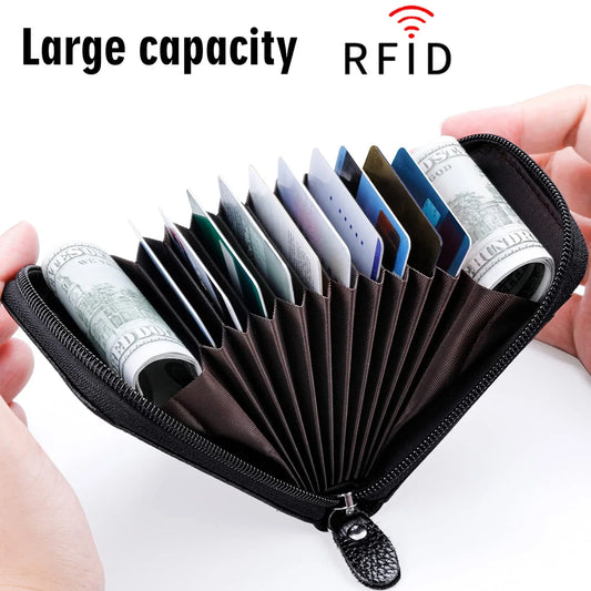 Unisex RFID Blocking Leather Wallet with Zipper & ID Card Holder