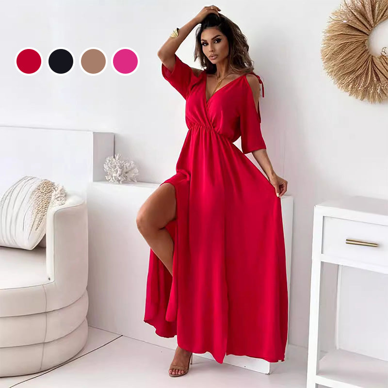 Elegant sexy V-neck dress with side slit for women