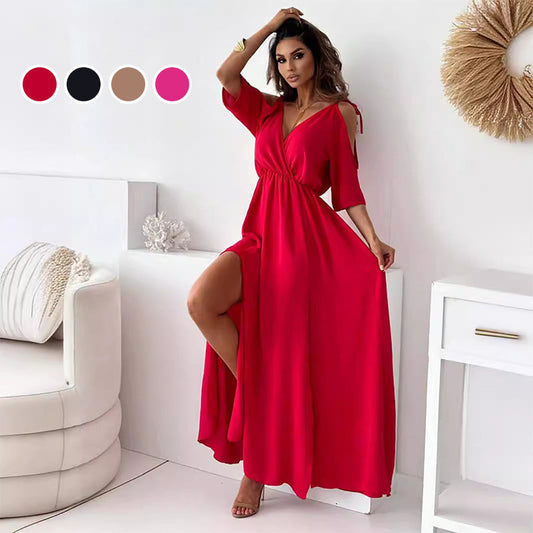 Elegant sexy V-neck dress with side slit for women