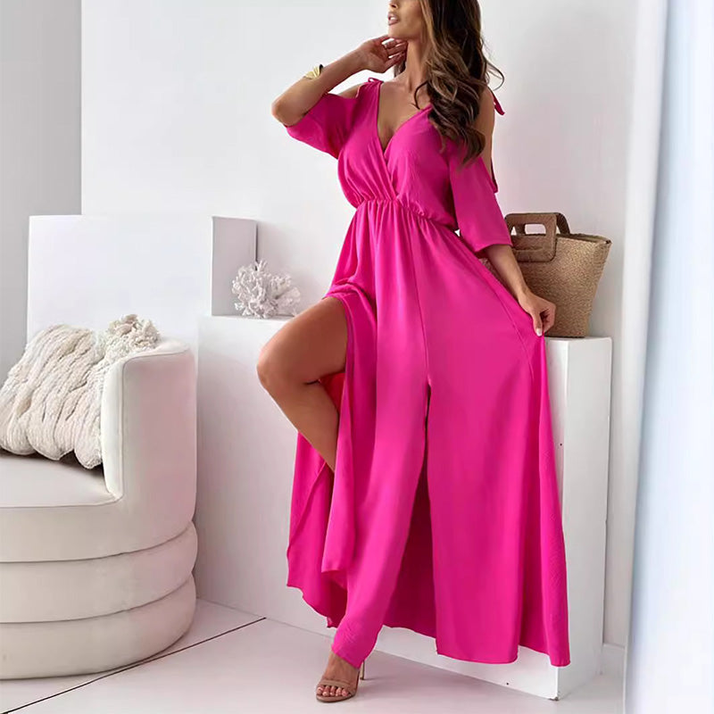 Elegant sexy V-neck dress with side slit for women
