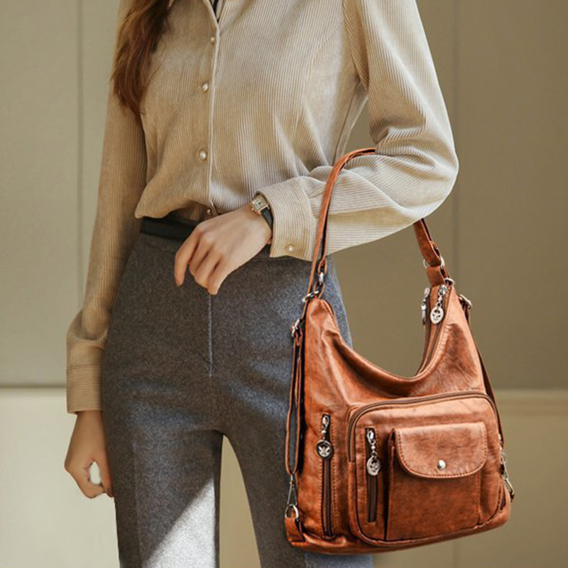 Women's Convertible Multi-Pocket Shoulder Bag - 3 Ways to Wear