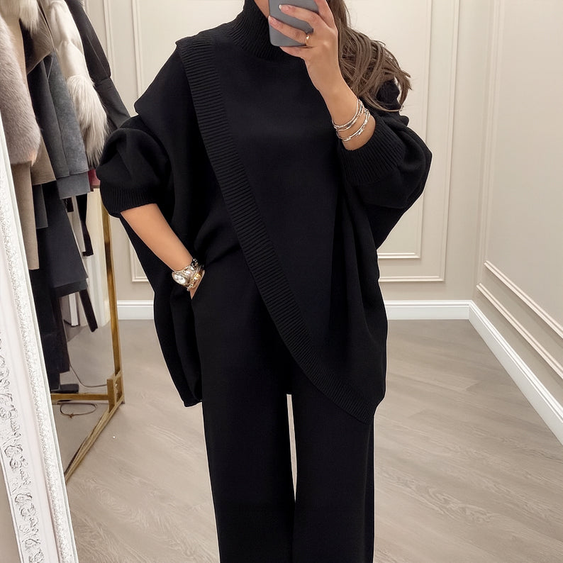 Women's 2-piece set – Asymmetrical sweater with wide-leg pants