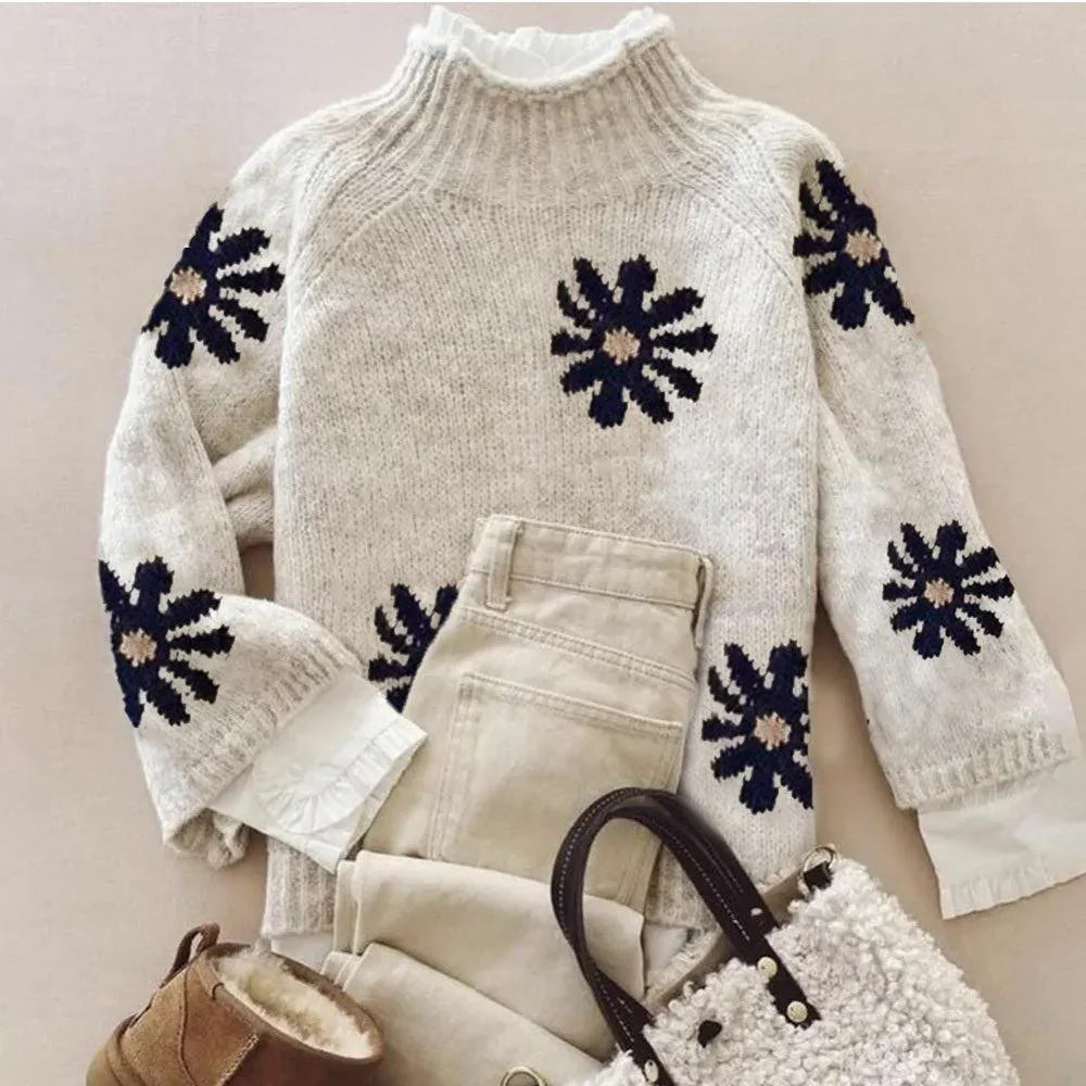 Retro Brown Mock Neck Long Sleeve Sweater