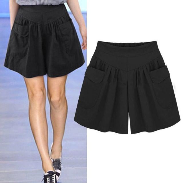Women Summer Loose Casual Shorts Culottes Elastic Waist Wide Shorts with Pockets